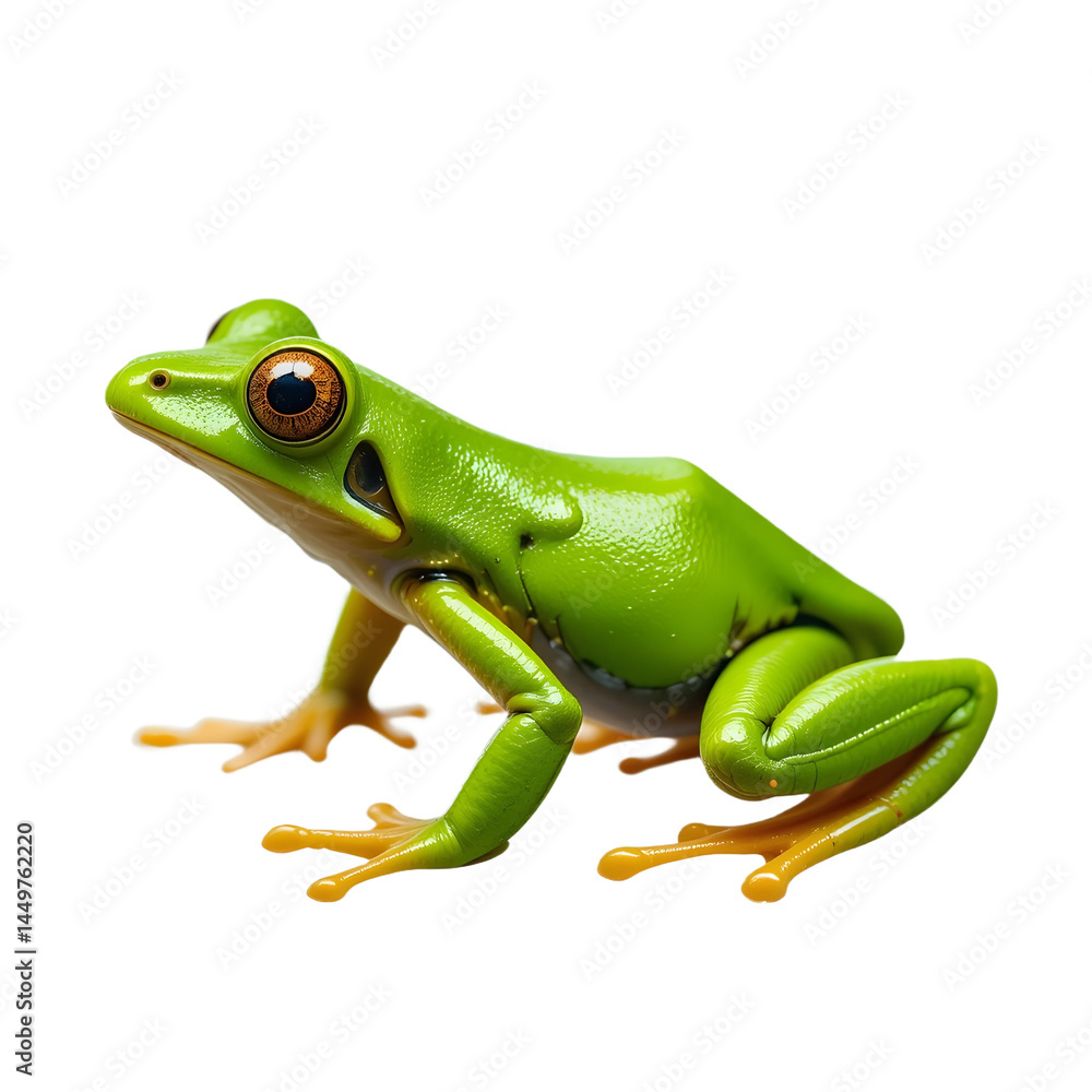 Obraz premium Bright Green Tree Frog, Tropical Rainforest Amphibian, Exotic Jungle Animal, Small Wildlife Creature with Red Eyes, Vibrant Lime Colored Frog, Sticky Foot Amphibian, Nature Photography, Isolated