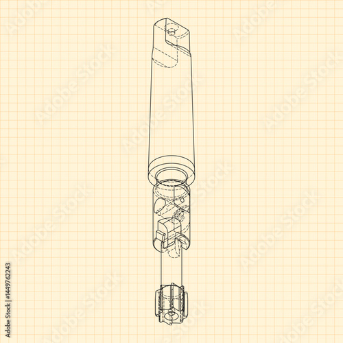 Mechanical engineering drawings. Tap tools, borer. Technical Design. Cover. Blueprint. Step Cutting Tool with Countersinking Function. Technical 3D Vector Illustration