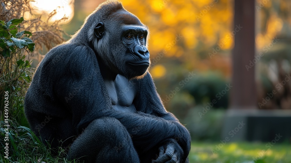 Fototapeta premium A large primate in a contemplative posture against a backdrop of autumnal foliage.