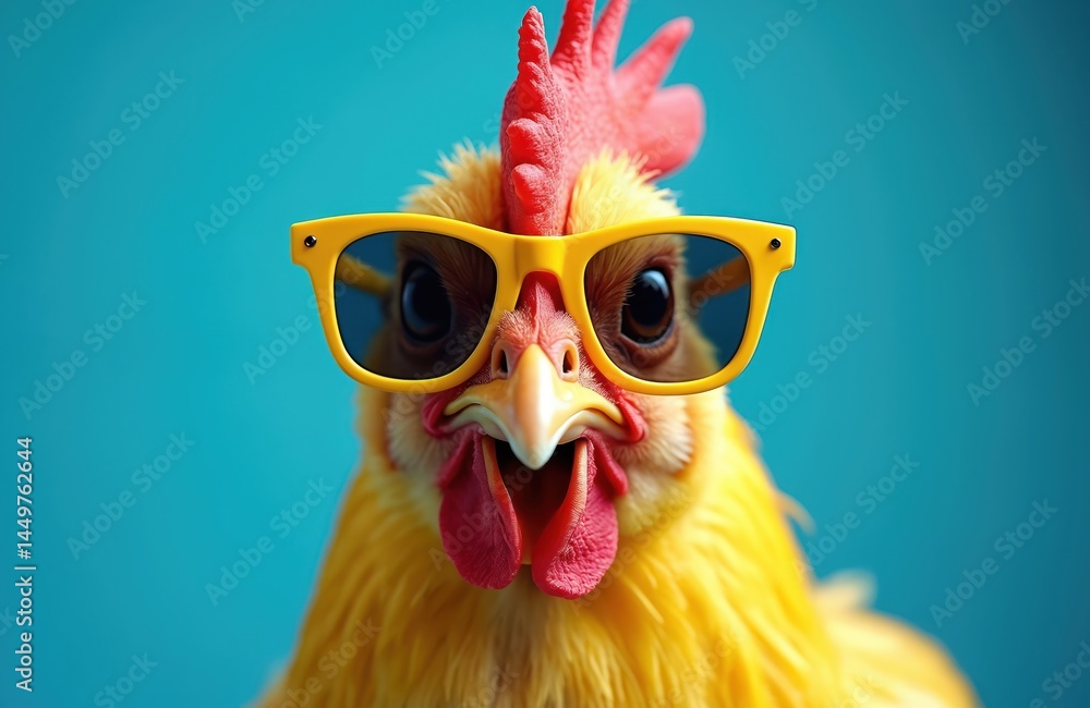 Funny chicken wearing yellow sunglasses. Portrait of a cool rooster with a red comb and wattle against a blue background. Humor and summer vibes. Poultry and farm animal. Comic and quirky artwork.