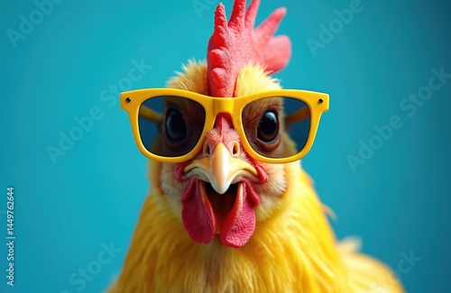 Obraz na płótnie Funny chicken wearing yellow sunglasses. Portrait of a cool rooster with a red comb and wattle against a blue background. Humor and summer vibes. Poultry and farm animal. Comic and quirky artwork. w salonie