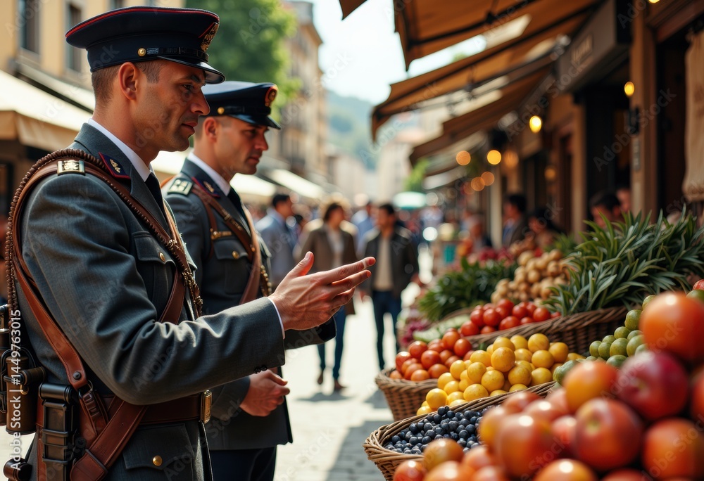 Two uniformed officers inspecting fresh produce at a vibrant market