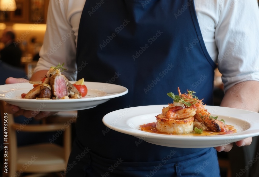 A waiter presenting two exquisite gourmet dishes in a restaurant setting