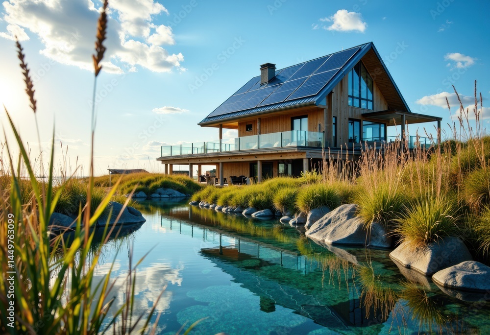 Modern eco-friendly house with solar panels by a serene pond