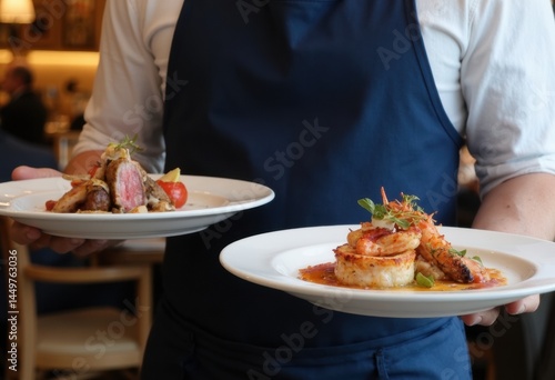 Obraz na płótnie A waiter presenting two exquisite gourmet dishes in a restaurant setting w salonie