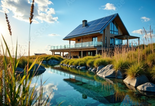 Obraz na płótnie Modern eco-friendly house with solar panels by a serene pond w salonie