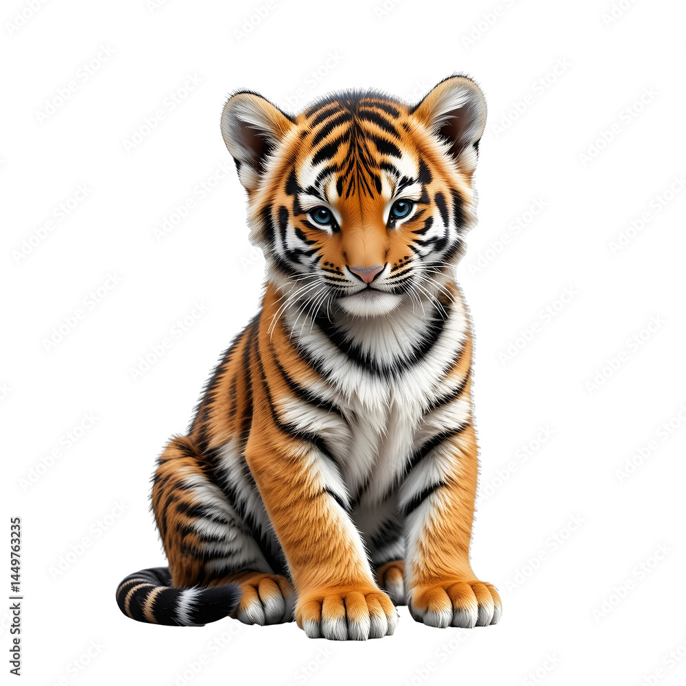Fototapeta premium Baby Tiger Cub Portrait, Young Bengal Tiger Face, Adorable Endangered Wild Cat, Orange Striped Jungle Predator, Cute Wildlife Feline, Zoo Animal Photography, Big Cat Species, Isolated Wildlife Image
