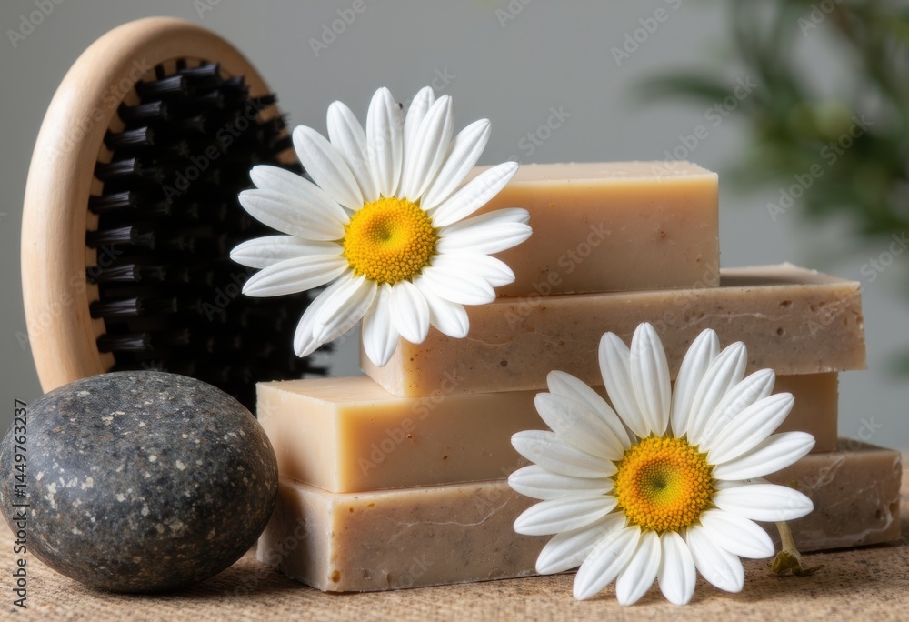 Natural soap bars with daisies and a stone on a textured surface