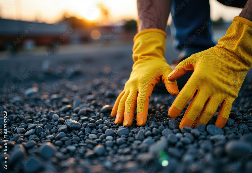 Hands wearing yellow gloves working with gravel during sunset