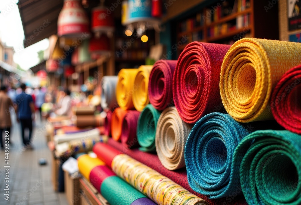 Colorful rolled fabrics displayed in a vibrant market setting