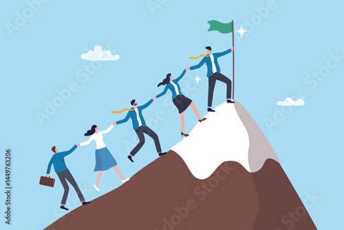Team achievement, teamwork to success together, colleagues support or leadership to lead team to overcome challenge, cooperation concept, business people team member help others reach mountain peak.
