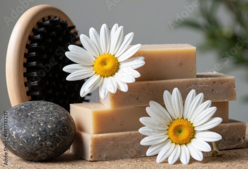 Obraz na płótnie Natural soap bars with daisies and a stone on a textured surface w salonie