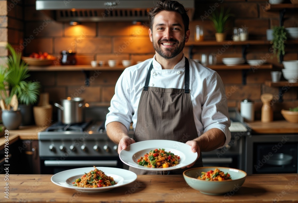 Chef presenting colorful vegetable dishes in a modern kitchen setting
