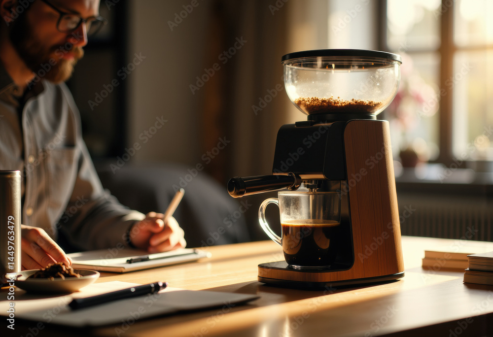 A man brewing coffee with a modern coffee maker in a cozy setting