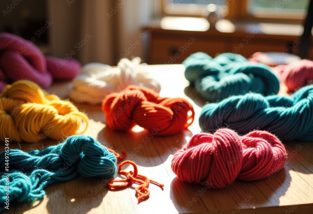 Colorful yarn skeins arranged on a wooden table in natural light