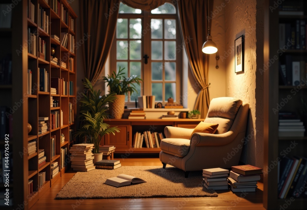 Cozy reading nook with a comfortable chair and bookshelves filled with books
