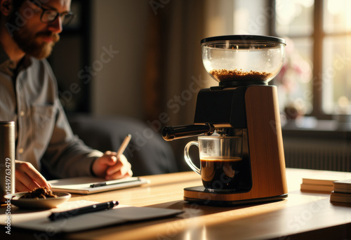 A man brewing coffee with a modern coffee maker in a cozy setting