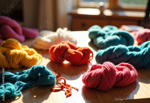 Colorful yarn skeins arranged on a wooden table in natural light