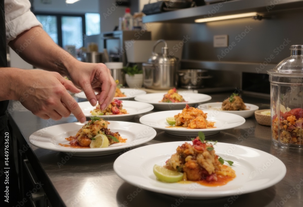 Chef plating gourmet dishes with precision in a modern kitchen setting