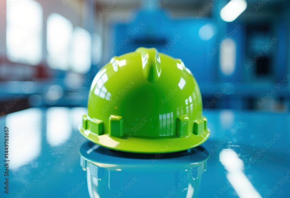 Bright green safety helmet on a reflective surface in an industrial setting