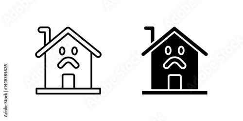 A minimalist vector icon set showcasing haunted houses, perfect for Halloween and spooky designs.