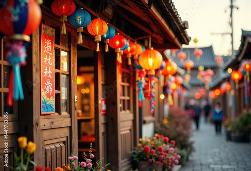 Colorful lanterns illuminate a charming street in an Asian village