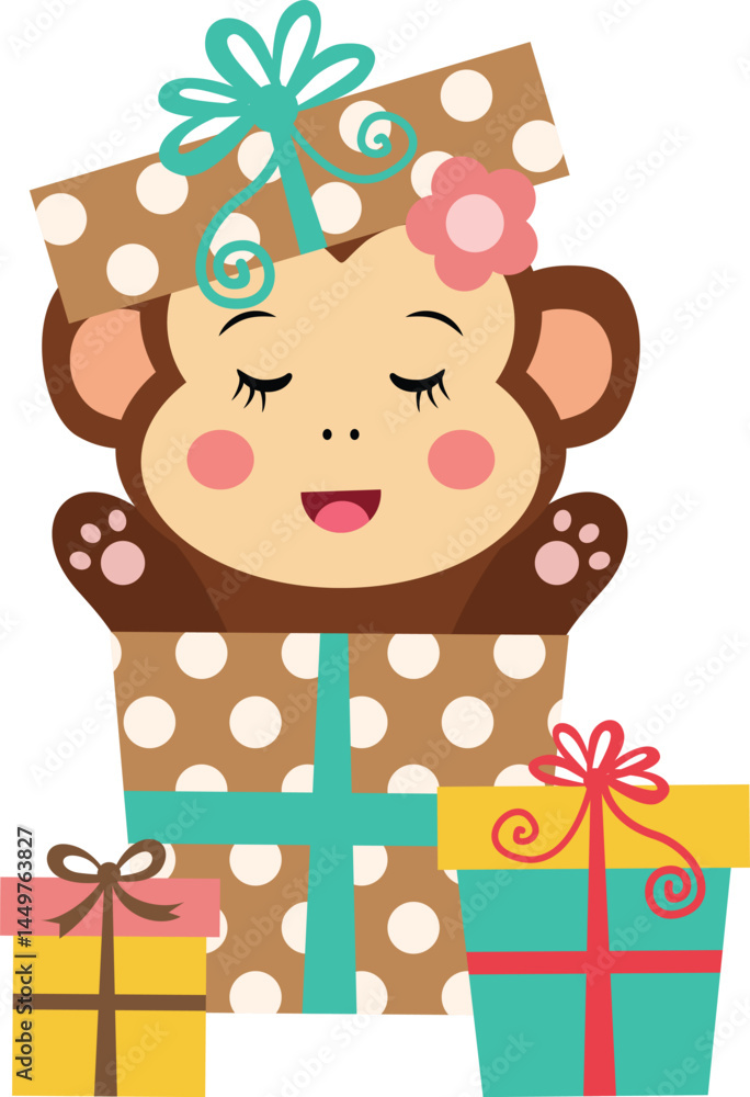 Happy Monkey Popping Out of Present Box Happy Monkey Popping Out of Present Box