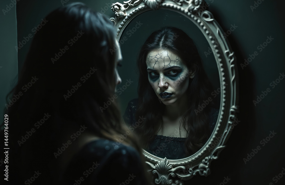Dark room, woman looks at mirror with dramatic cracked face makeup. Mysterious, gothic, horror scene. Portrait of woman, mirror reflection, dark beauty and self-perception.