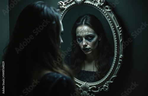 Obraz na płótnie Dark room, woman looks at mirror with dramatic cracked face makeup. Mysterious, gothic, horror scene. Portrait of woman, mirror reflection, dark beauty and self-perception. w salonie