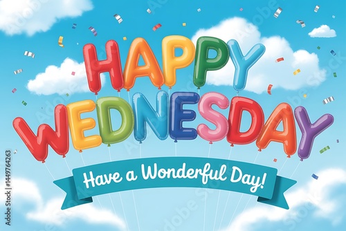 Cheerful happy wednesday message with colorful balloon letters on blue sky