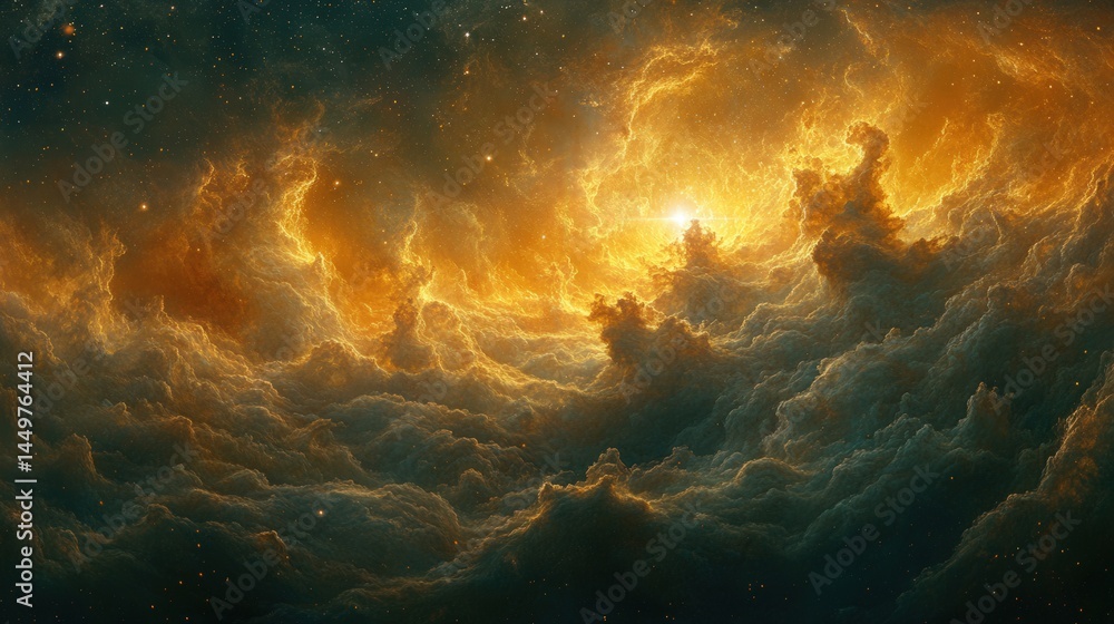 Obraz premium Celestial nebulae display of vibrant golden clouds.