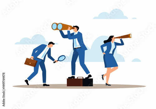llustration of a business team using telescopes and magnifying glasses, symbolizing vision, collaboration, strategy, and exploration in achieving goals, innovation, and future-focused business growth