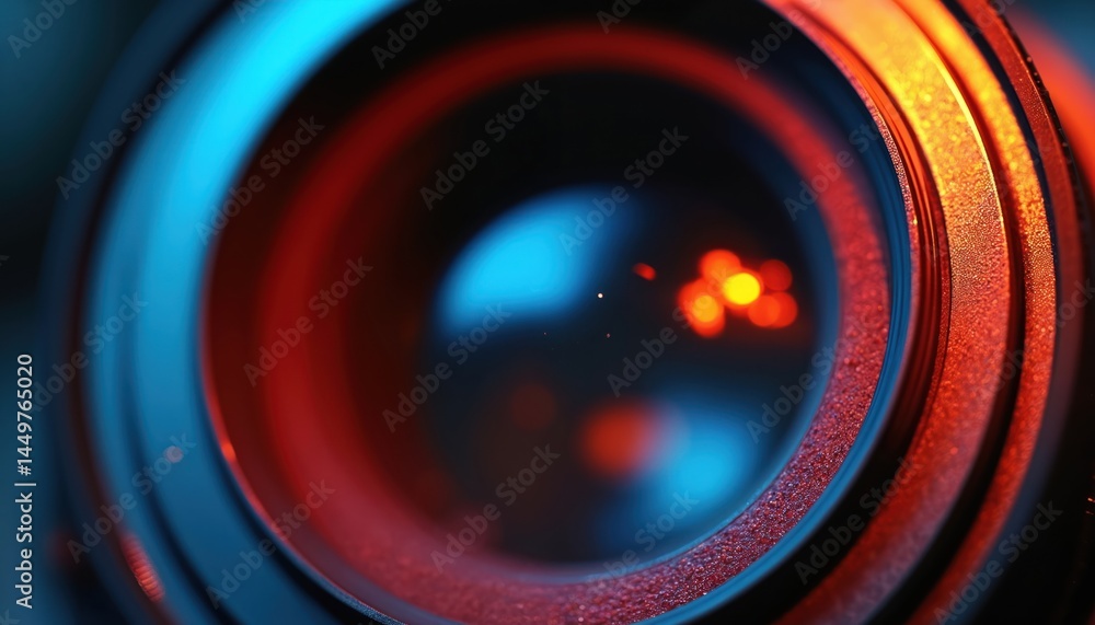 Close-up of camera lens with artistic red and blue color illumination. Pro photographic equipment, metal construction, round shape, aperture, zoom, macro photo, shallow depth of field.
