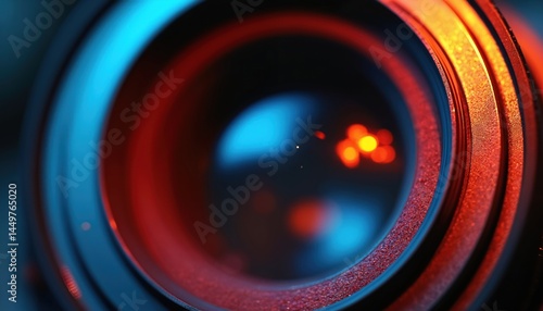 Obraz na płótnie Close-up of camera lens with artistic red and blue color illumination. Pro photographic equipment, metal construction, round shape, aperture, zoom, macro photo, shallow depth of field. w salonie