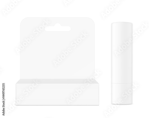 Hanging packaging box mockup with lip balm care mockup. Front view. Vector illustration isolated on grey background. Ready and simple to use for your design. EPS10.