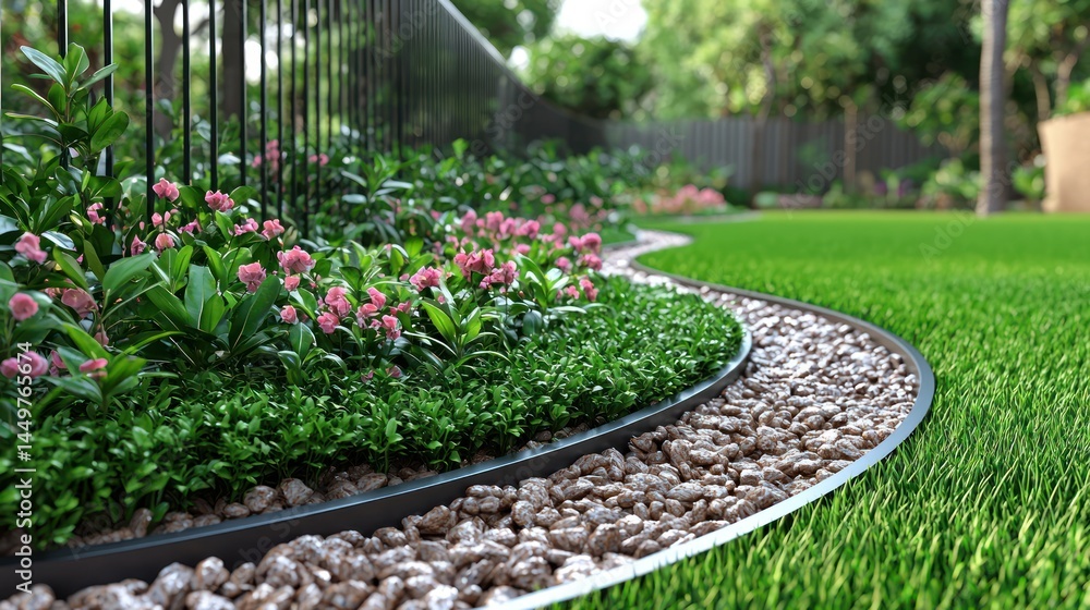 Obraz premium Serene garden with stones, plants, fence and green