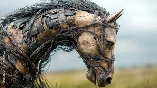 A wire sculpture of a horse rearing up on its hind legs, with meticulously twisted wire creating the muscular structure and flowing mane.
