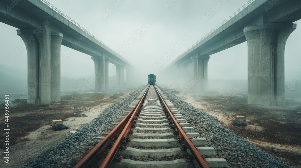 Foggy railway under bridges Foggy railway under bridges