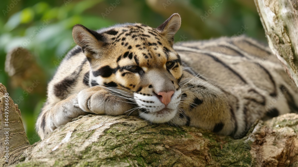 Obraz premium Resting Clouded Leopard: Close-up Portrait on Mossy Branch