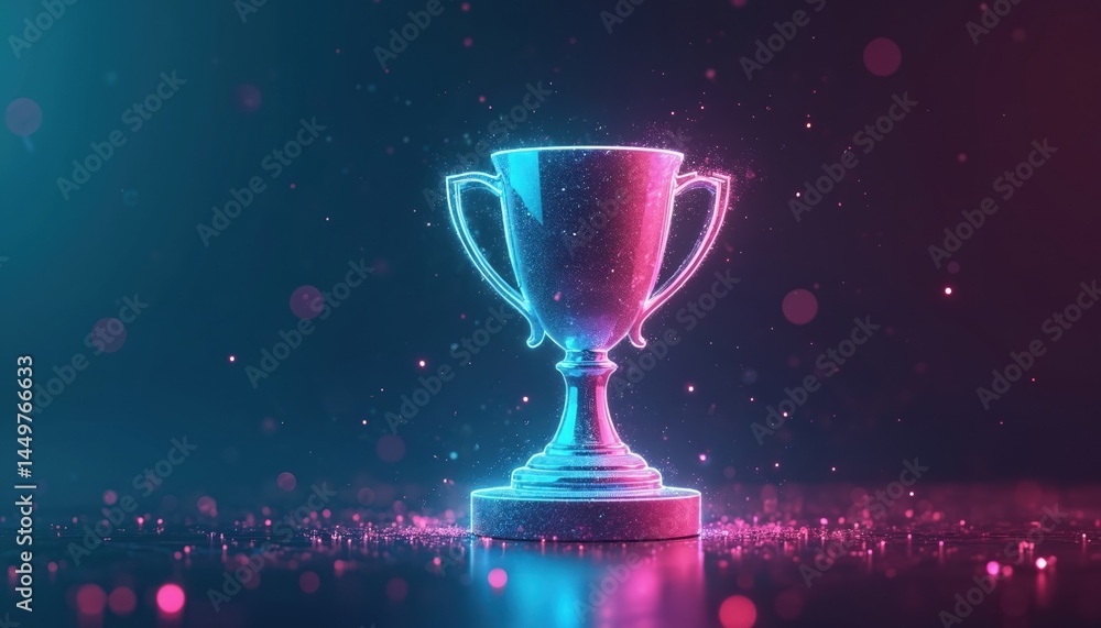 Futuristic digital trophy in neon light. Award winner concept with trophy symbol of success, victory. Celebrate achievement in competition, tournament. Futuristic design, glowing, sparking, bright,