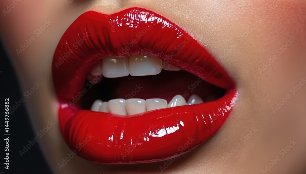 Obraz premium Close-up of stunning red glossy lips, emphasizing vibrant makeup look. Woman lips are open, showing white teeth. Bold lip gloss make-up, beauty, skincare. Fashion, glamour, makeup look.