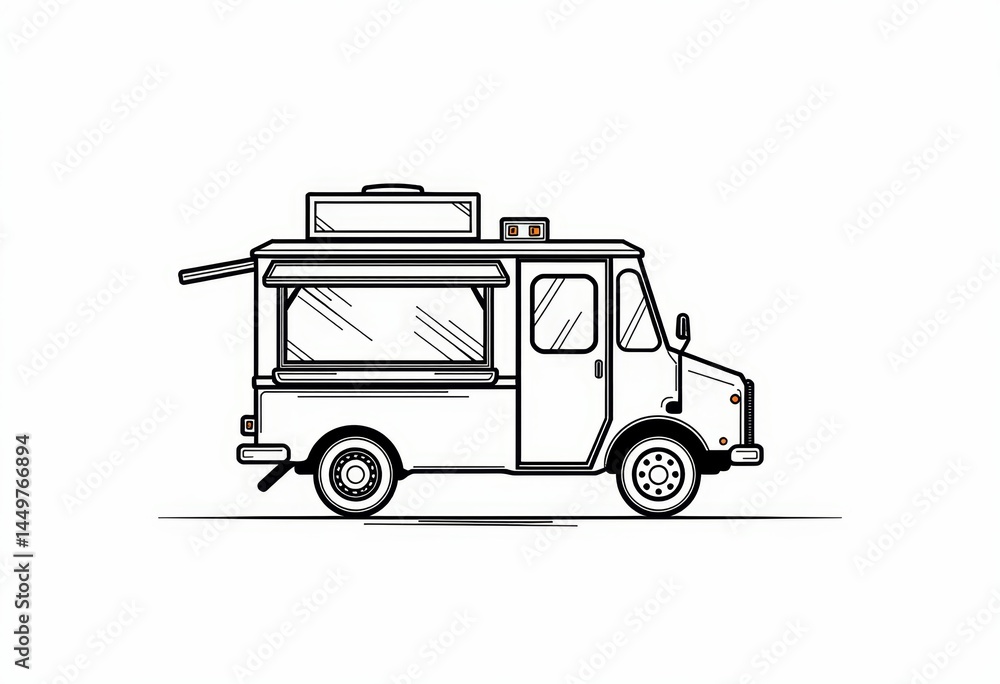 Hand-Drawn Food Truck Sketch in Monochrome Colors  