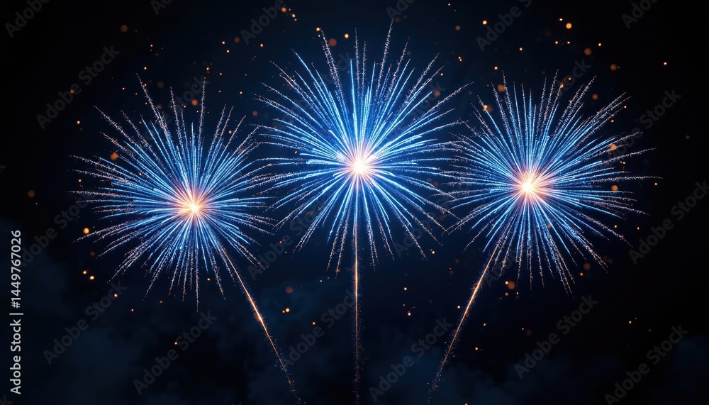 Illustration of blue fireworks against black background. Bright, festive explosions illuminate night sky with dynamic energy. Sparks of light add sparkle for celebratory events New Year Eve,