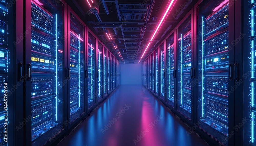 Vibrant data center with advanced IT infrastructure. Futuristic, glowing server room with blue and pink neon lights, technology abstract background. Digital space.