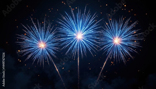 Obraz na płótnie Illustration of blue fireworks against black background. Bright, festive explosions illuminate night sky with dynamic energy. Sparks of light add sparkle for celebratory events New Year Eve, w salonie