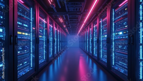 Obraz na płótnie Vibrant data center with advanced IT infrastructure. Futuristic, glowing server room with blue and pink neon lights, technology abstract background. Digital space. w salonie