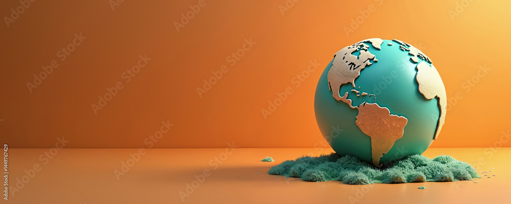 3D illustration of globe, global warming, sustainability at risk concept. Earth sphere in blue with golden continents. Environmental protection, climate change concept with green base on orange