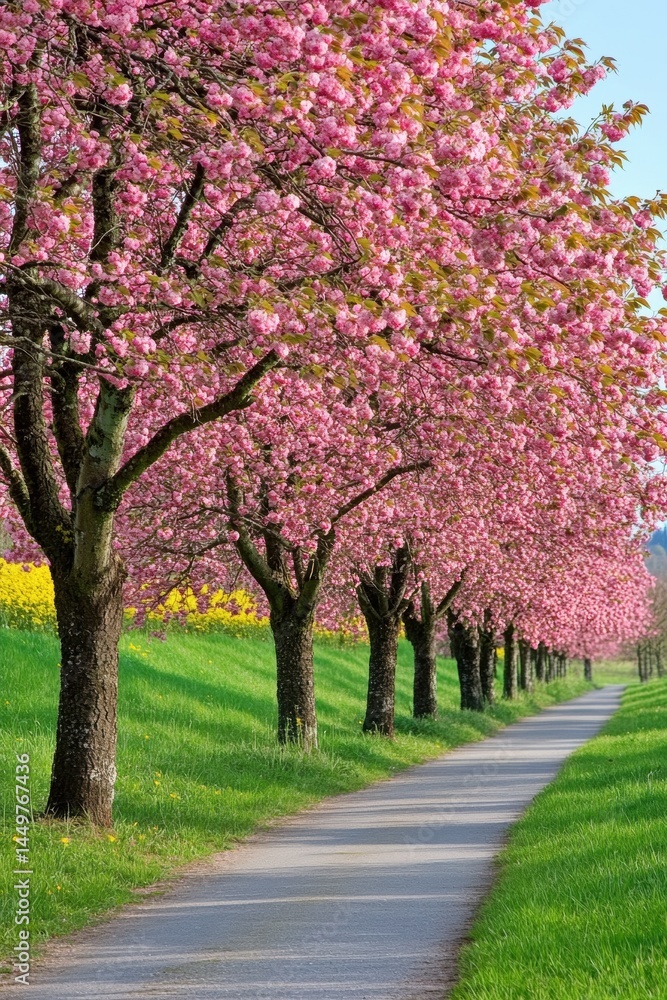 Peaceful Path: Cherry Blossom Trees Lining Lush Green Pathway Under Clear Blue Sky - Serene Landscape Scene Peaceful Path: Cherry Blossom Trees Lining Lush Green Pathway Under Clear Blue Sky - Serene Landscape Scene