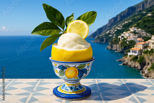 Traditional Amalfi Lemon Sorbetto in Hand-Painted Ceramic Cup – Summer Dessert Photography in Iconic Mediterranean Setting 300DPI