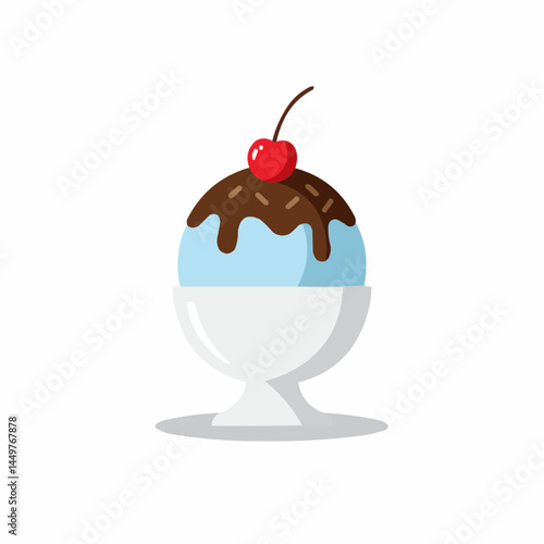 Cartoon style ice cream with chocolate sauce and a cherry on top on white background